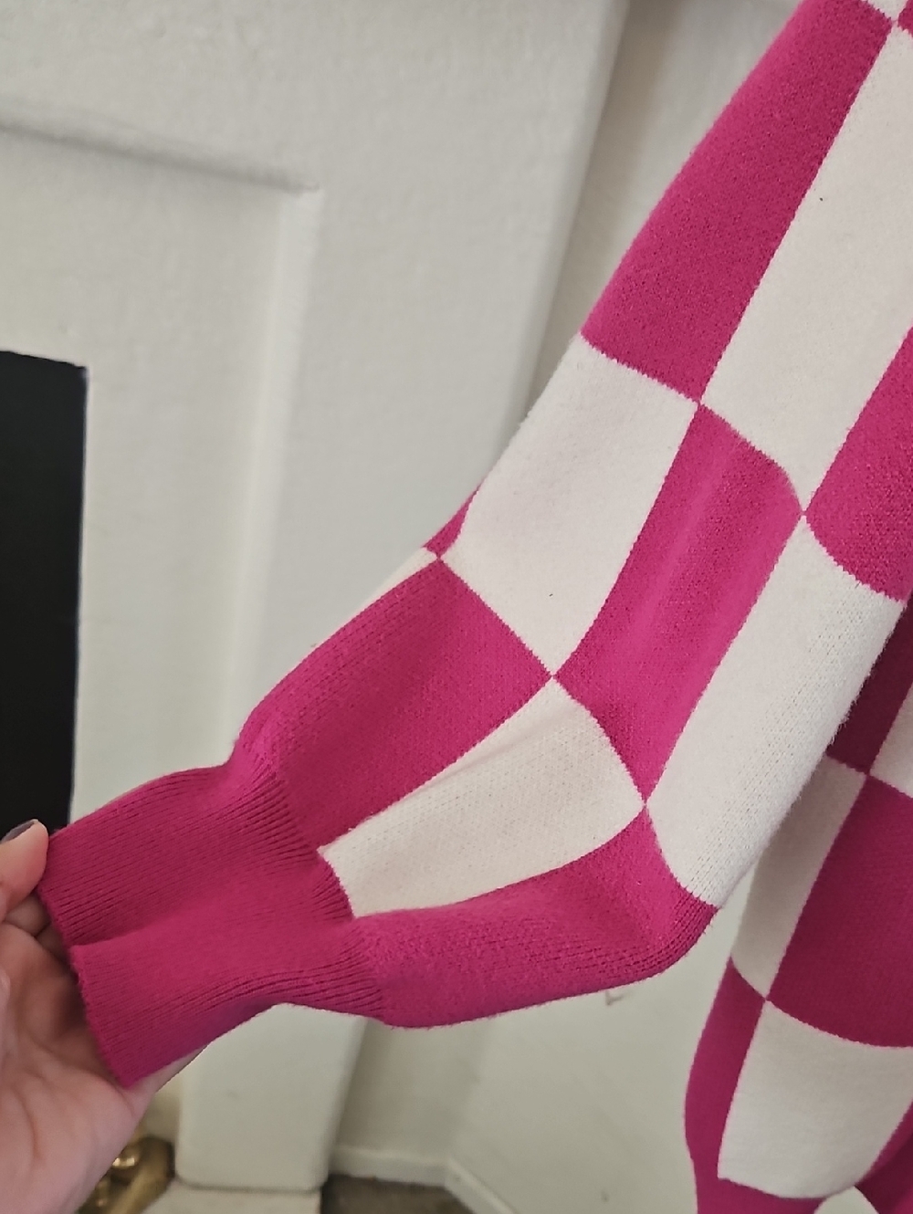 Pink Lily Pink & White Checkerboard Open-Front Cardigan - Picture 2 of 6